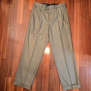 Alan Flusser Men's Classic Tan/Olive Pants Hem-cuff Dress Slacks Business Casual